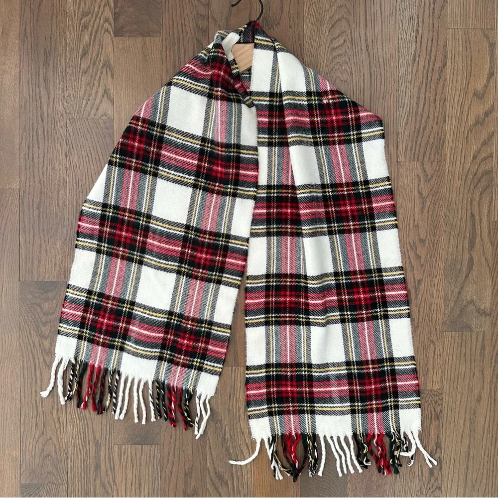 Vintage Classic Tartan Plaid 100% Lambswool Scarf in White, Red, Black 62